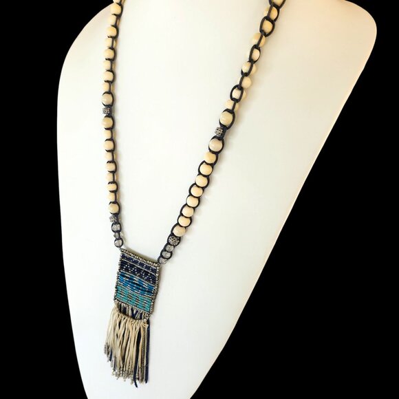 Chico's Boho Beaded Necklace Tassel Pendant Ethnic Wood Acrylic Cream Blue Green - Picture 5 of 11